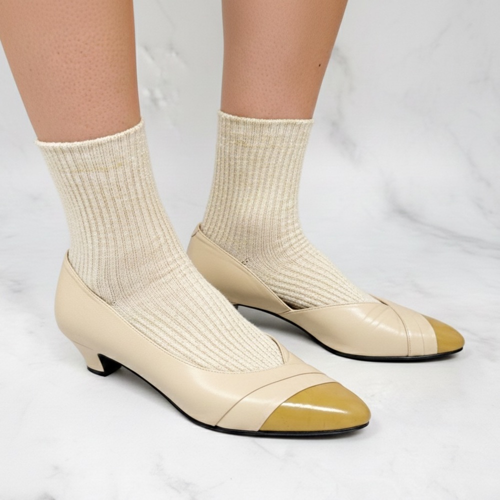 YSL Yves Saint Laurent Vintage Leather Low Block Heeled Flats Shoes Retro 35.5